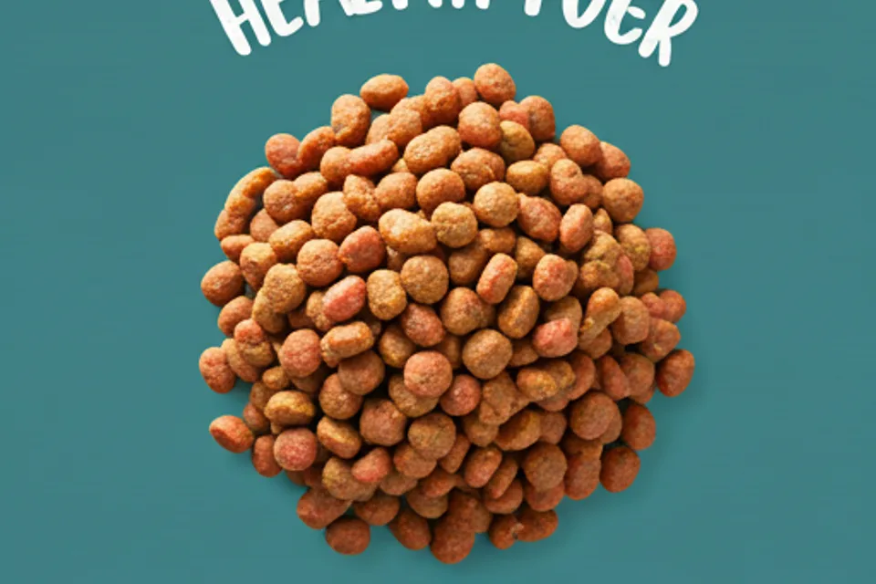 Premium dog kibble in a ceramic bowl